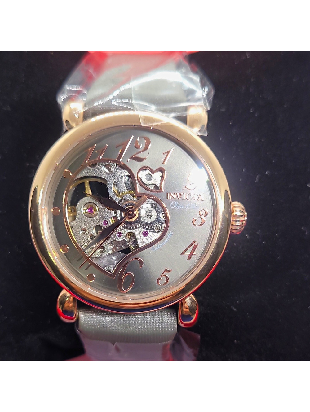 579 Invicta Objet D Art Women's Skeleton Heart Dial Auto Gray Satin Watch in Box